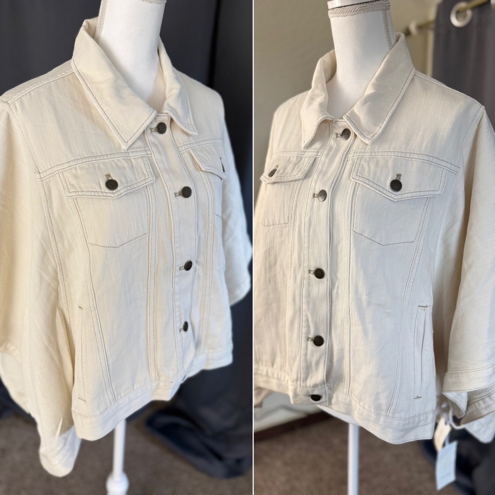 NWT Pilcro Anthropologie Weston Cape Denim Jacket Women L/XL Ivory Oversized - Picture 9 of 16
